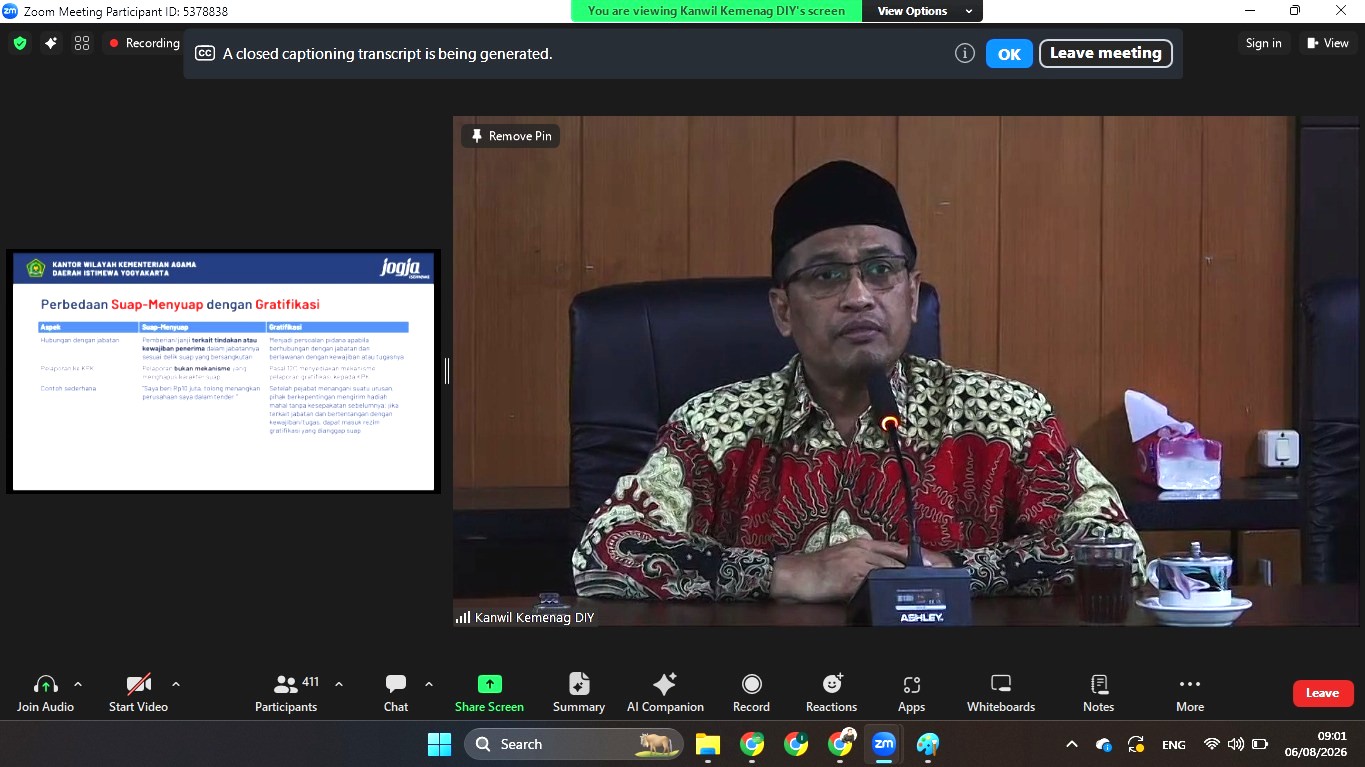 Tingkatkan Integritas, KTU MAN 4 Bantul Ikuti Sosialisasi Pengendalian Gratifikasi Kanwil Kemenag DIY